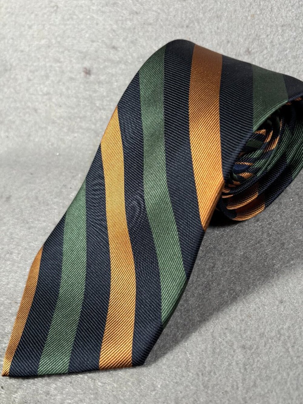 Salvatore Ferragamo Silk Tie University of Milan Navy Green Gold Stripe